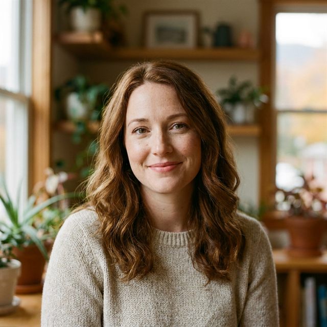 Marin Kessler, a copywriter in her mid-thirties with shoulder-length auburn hair, smiling in a home studio with plants and wooden shelves behind her.